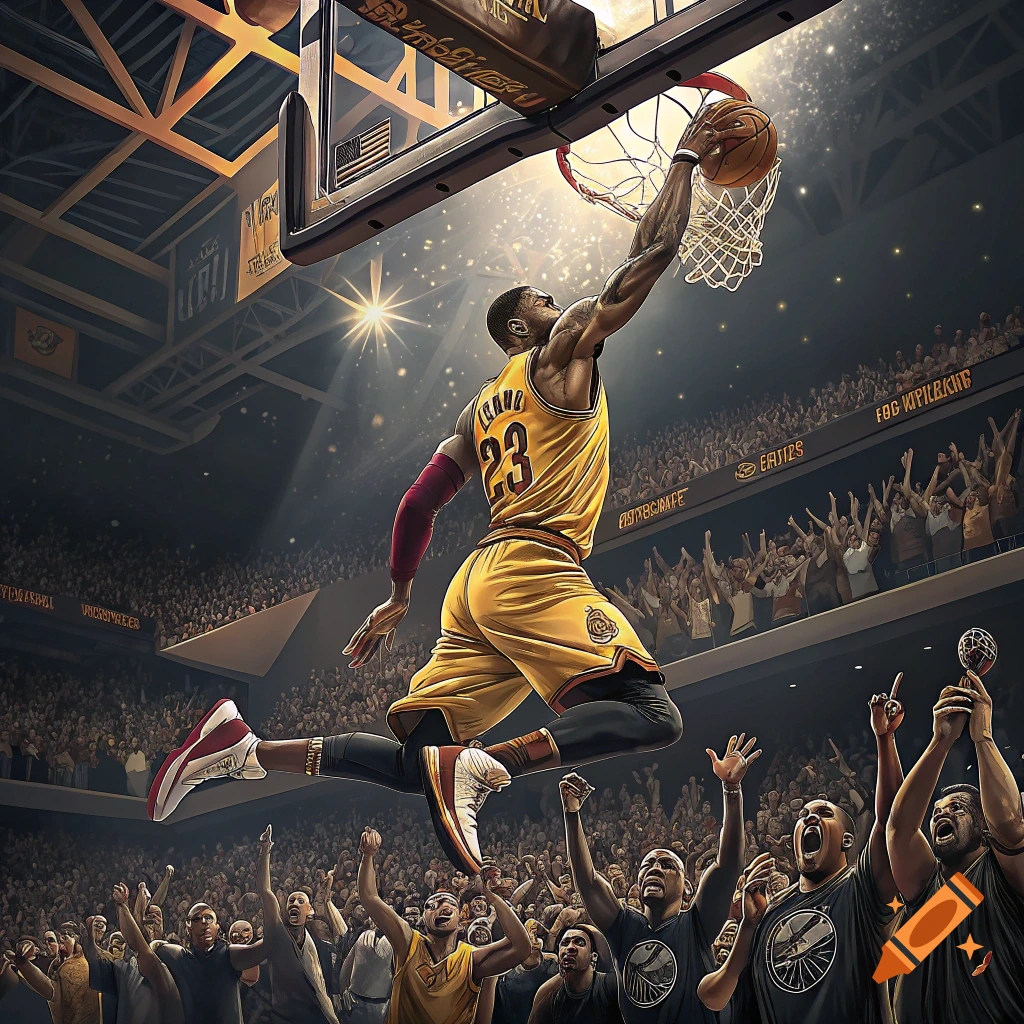 A basketball player in a yellow jersey dunks a ball during a game in a crowded stadium.