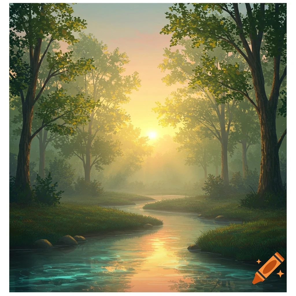 A stream winds through a misty forest at sunset.