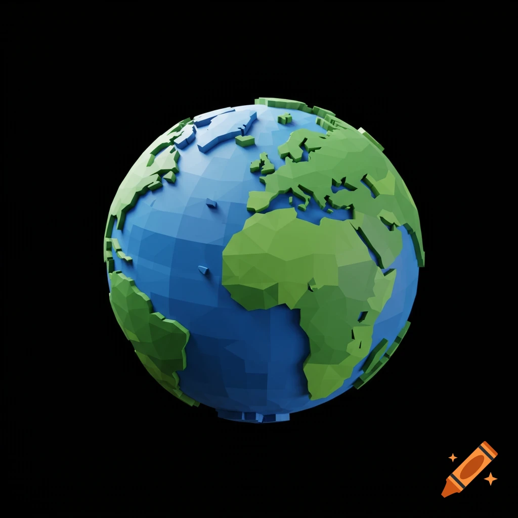 A low-polygon Earth globe against a black background.