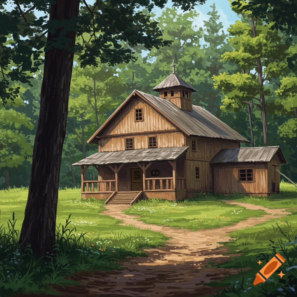 A wooden church in a forest clearing with a path leading to it.