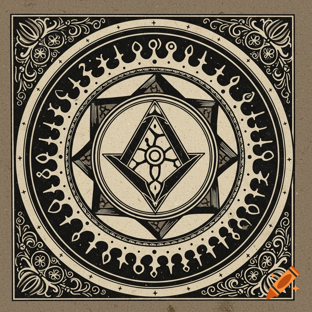 Black and white circular pattern with an Auryn-like symbol in the center and decorative border on a brown background.