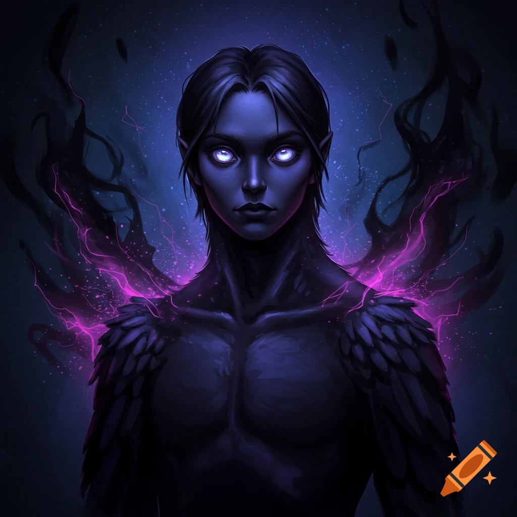 A dark fantasy figure with glowing eyes, feathery shoulders, and a pink energy aura.