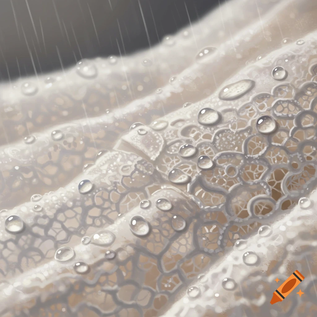 Close-up of intricate white lace with water droplets and rain.