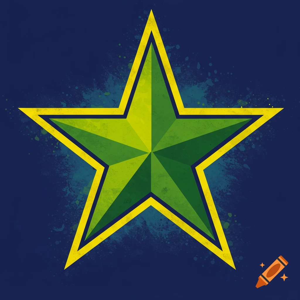 A green and yellow faceted star on a blue background with paint splatters.