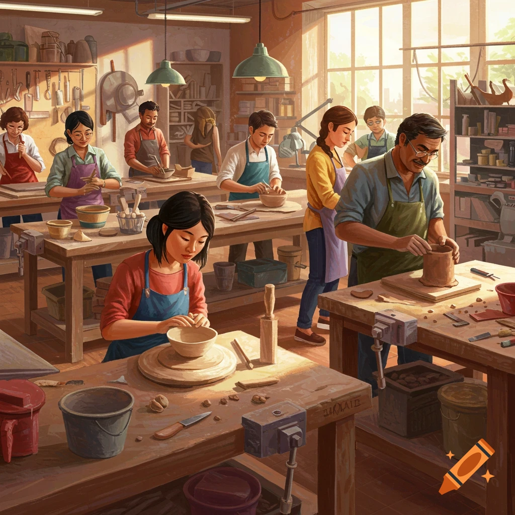 People making pottery in a sunlit workshop.