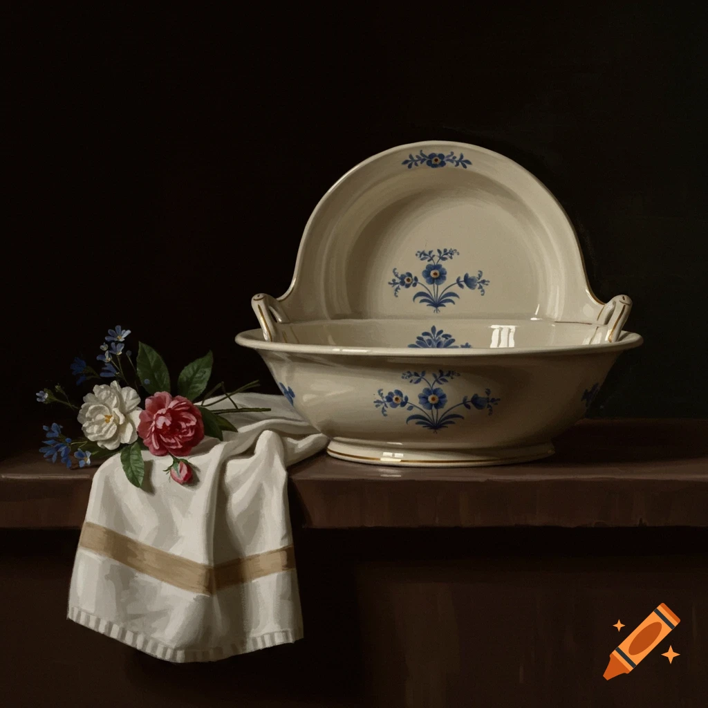 A still life of a white wash basin with blue flowers, a towel, and flowers on a dark surface.