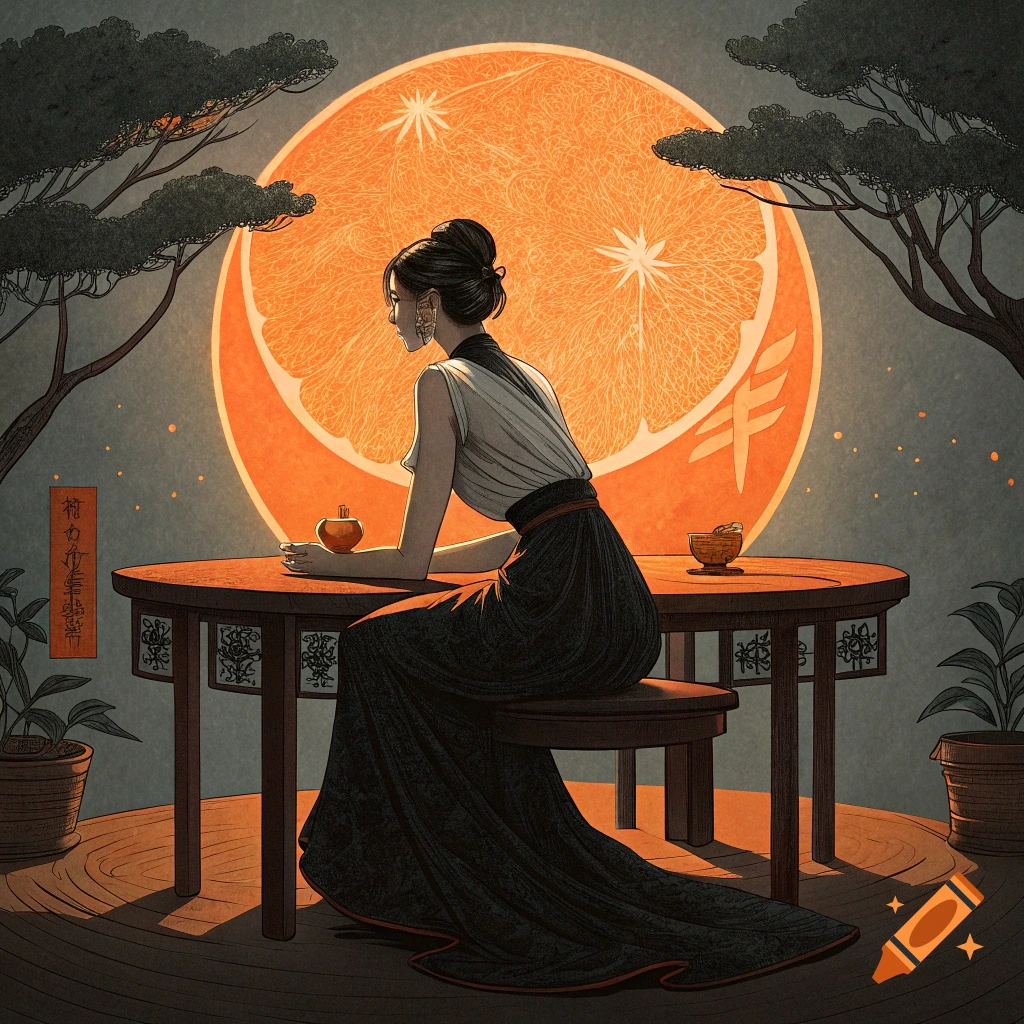 Chinese style illustration of a woman sitting at a table with a large orange slice behind her like a sunset.