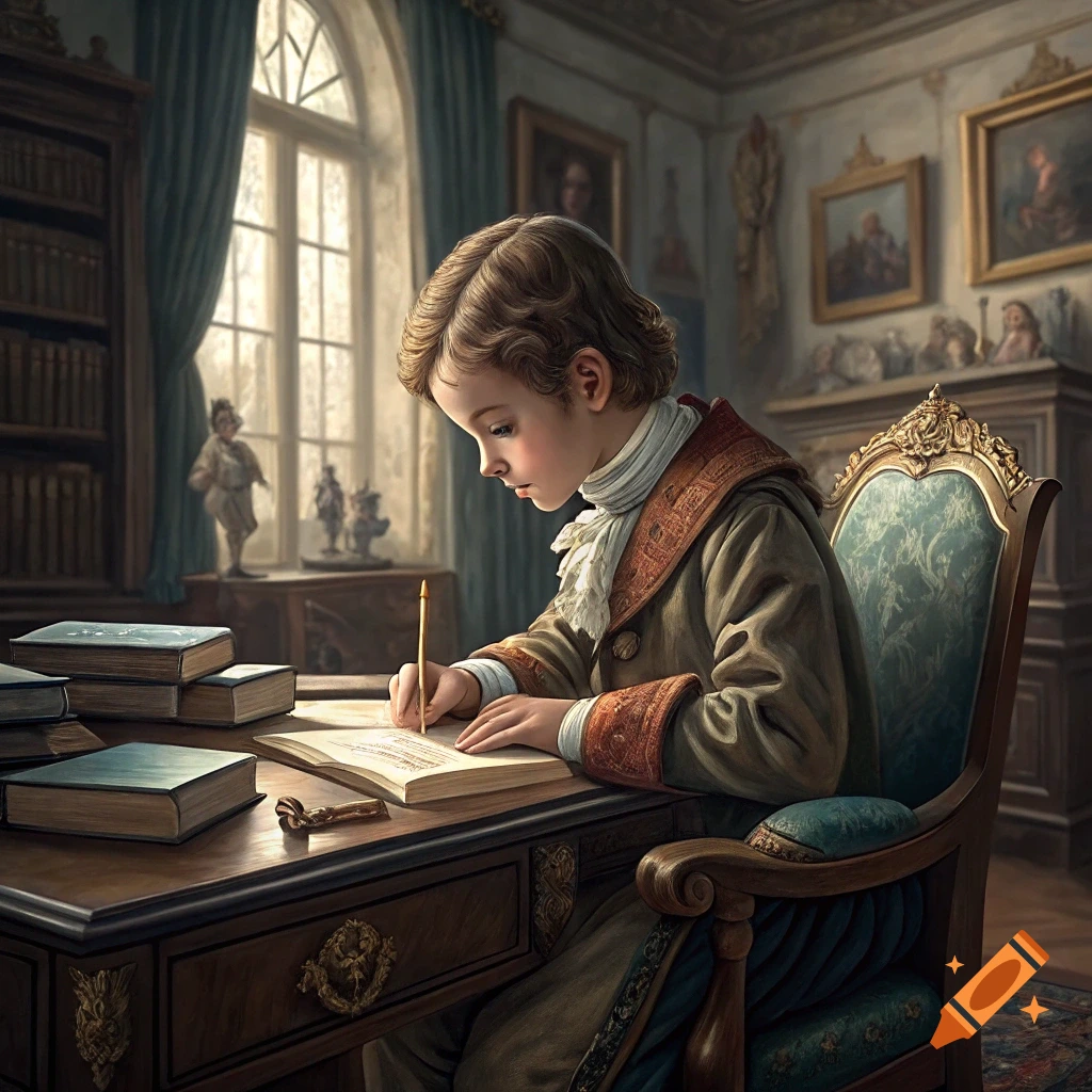 A young boy in historical clothing writes in a book at a desk in an ornate study.
