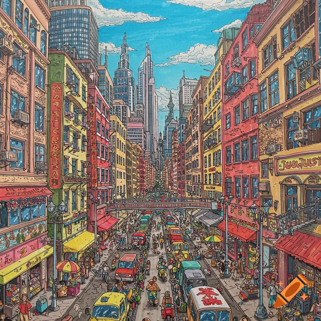 Colorful drawing of a busy city street scene with buildings, traffic, and people.