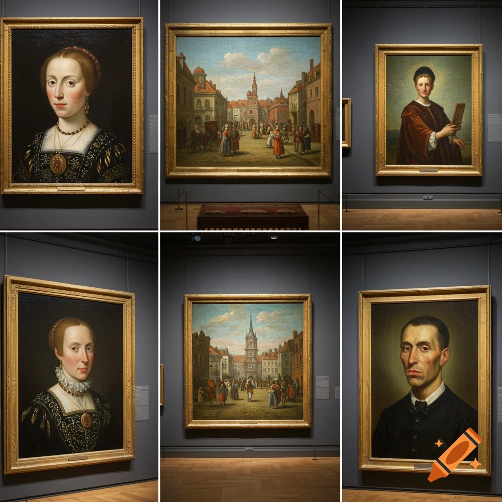 A grid displaying six framed paintings hanging on a dark wall in a museum or gallery setting. The paintings include portraits and cityscapes.
