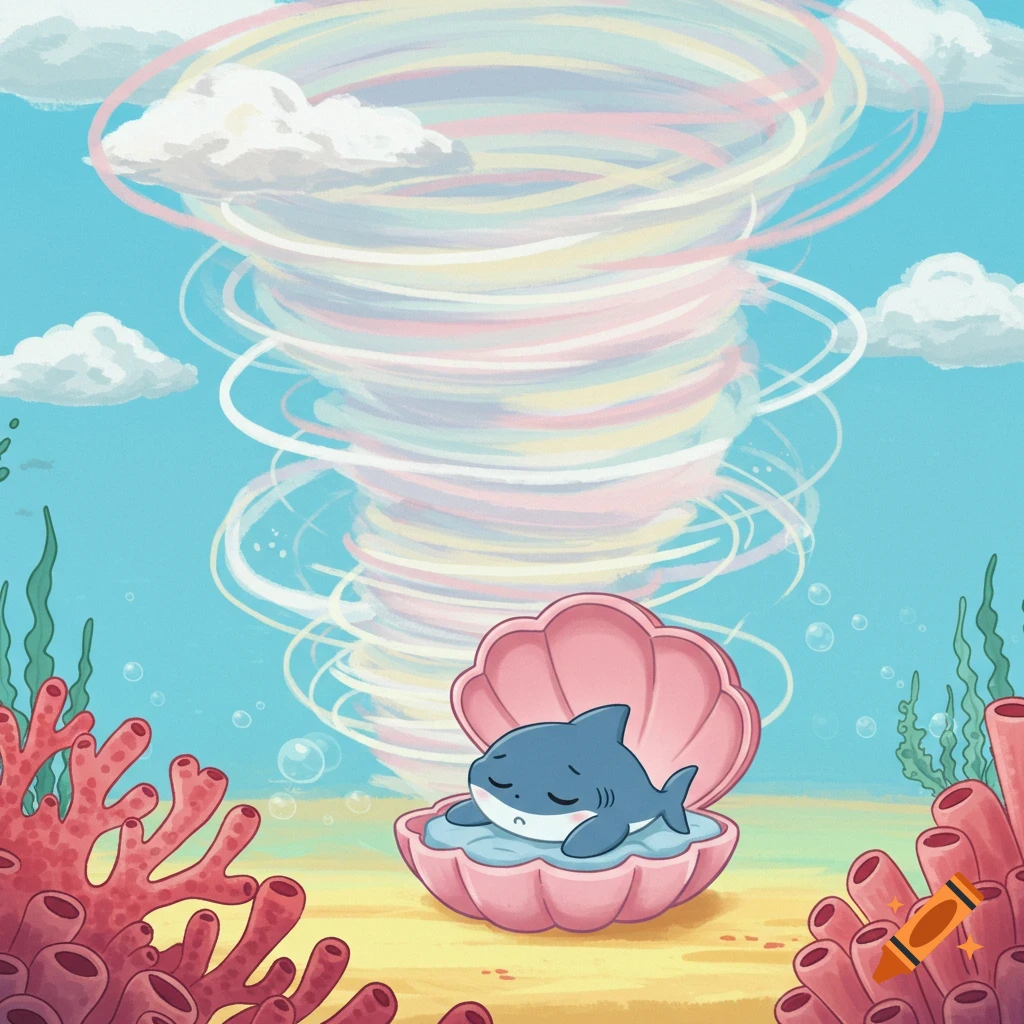 Cartoon baby shark sleeps in a pink shell underwater with a pastel tornado.