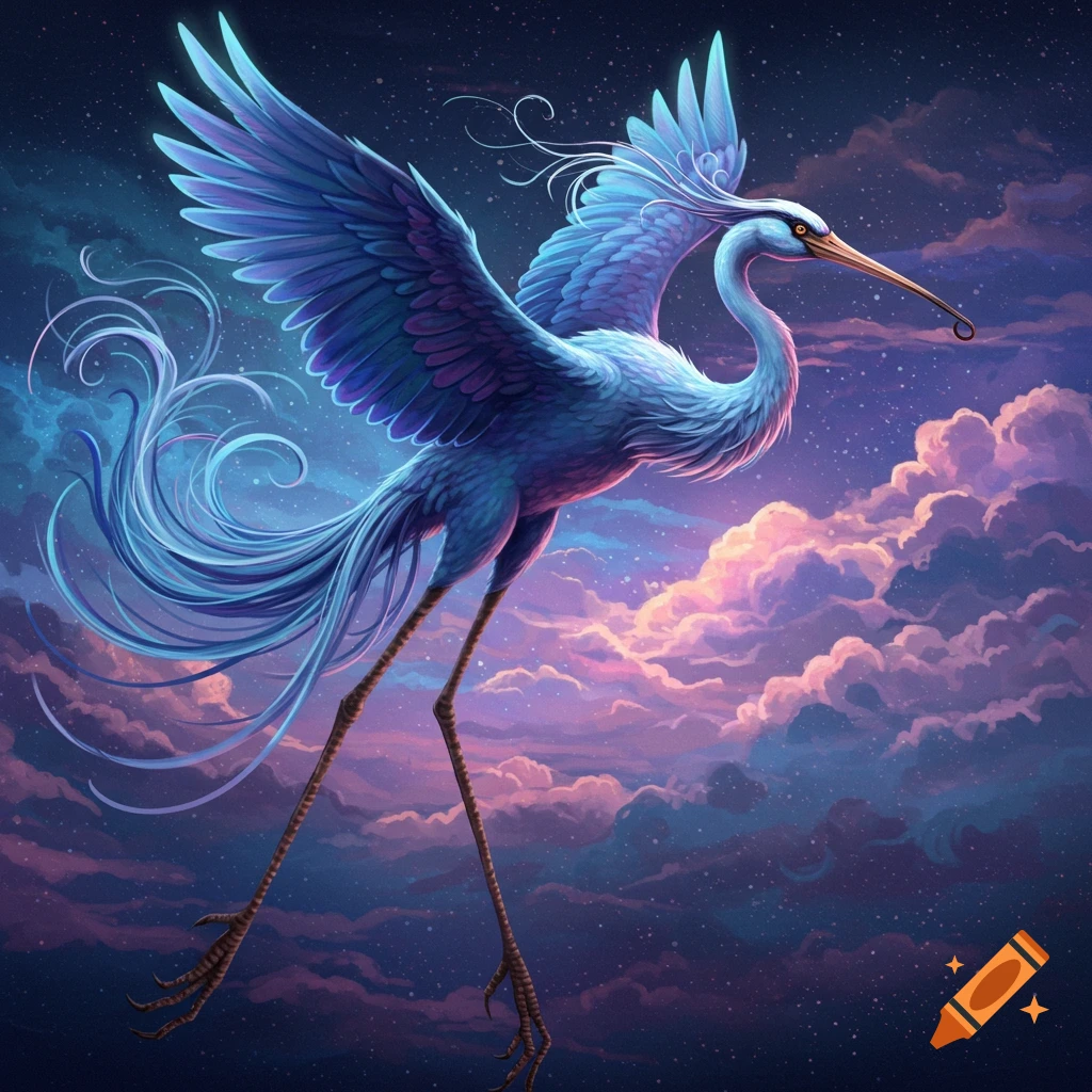 Blue fantasy bird with long legs flying through a starry cloudy sky.