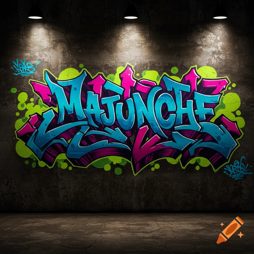 Wildstyle graffiti spelling MAJUNCHE in blue, pink, and green on a grunge wall under lights.