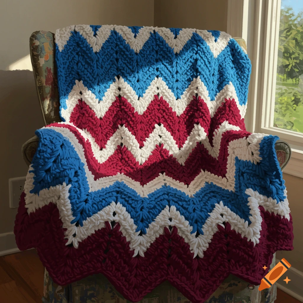 A chevron crochet blanket with blue, burgundy, and white stripes is on a chair near a window.