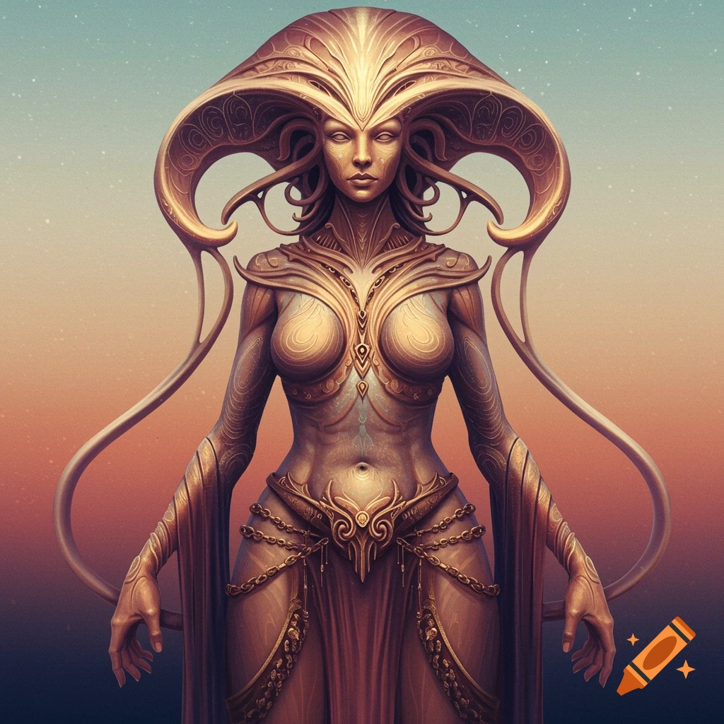 A surreal ornate female figure with a large headdress against a gradient background.