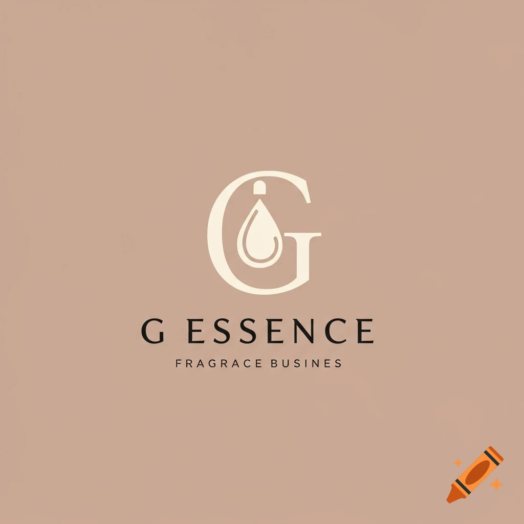 A logo for G Essence fragrance business. The logo is a white letter G combined with a teardrop shape, with the text G ESSENCE and FRAGRACE BUSINES below, on a light brown background.