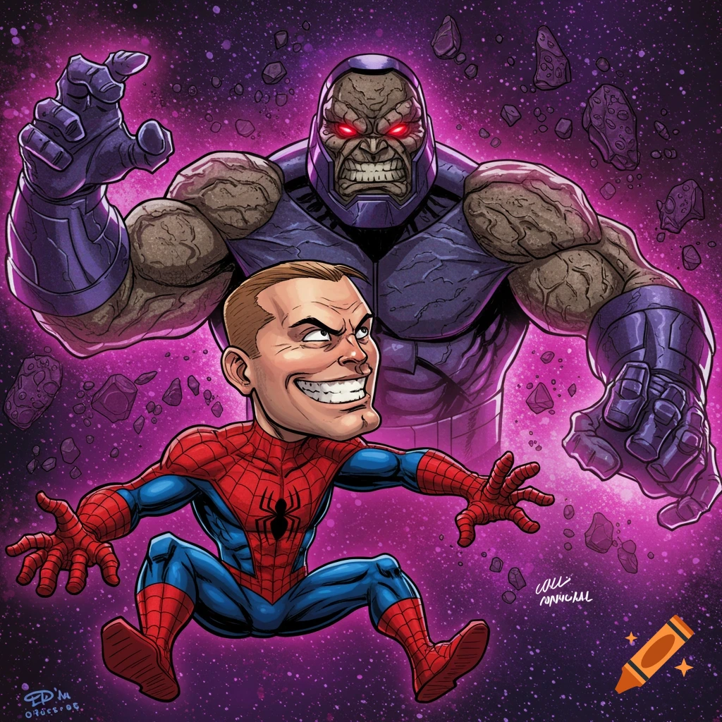 A caricature illustration of Bully Maguire in a Spider-Man suit leaping in front of a large Darkseid figure in space.