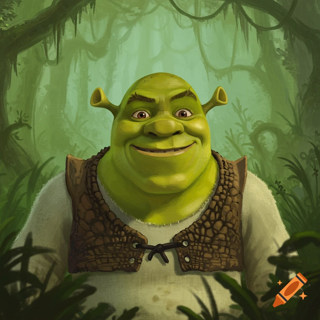 A smiling Shrek in a forest.