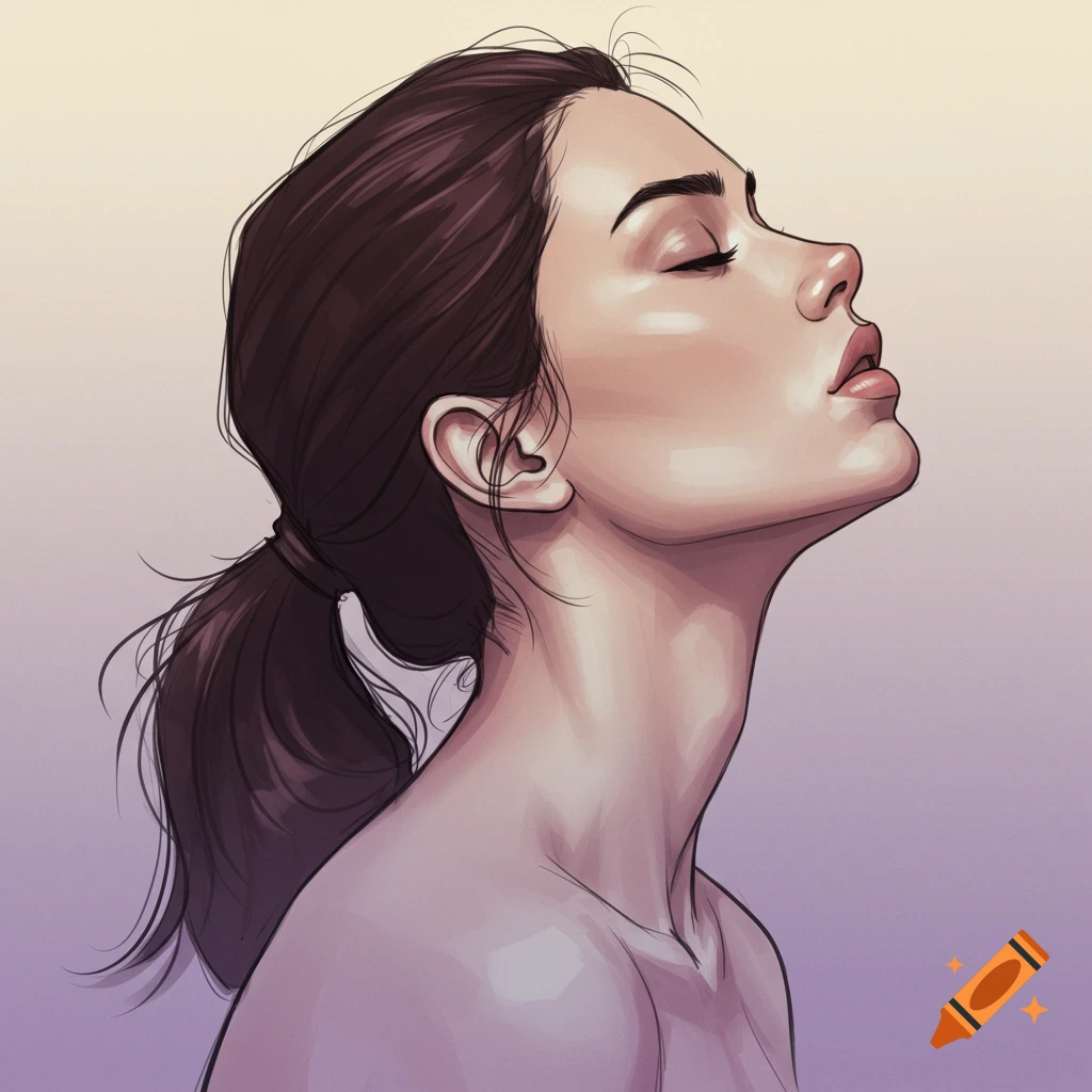 A woman with her head tilted back and eyes closed, hair in a ponytail.