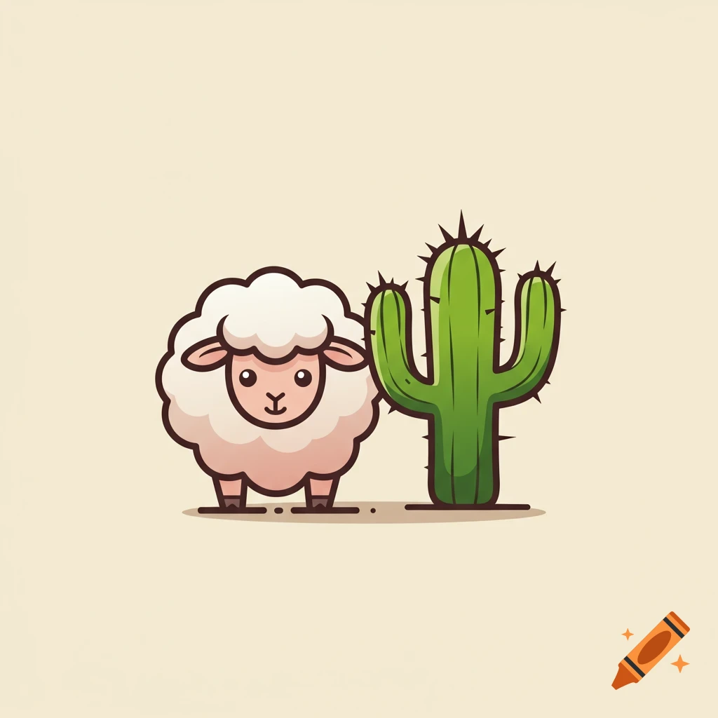 Cartoon sheep stands next to a cartoon cactus.