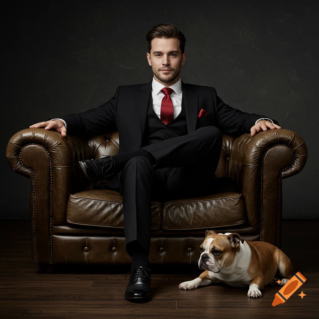 A man in a black suit and red tie sits on a leather couch with a bulldog dog on the floor next to him. Photorealistic.
