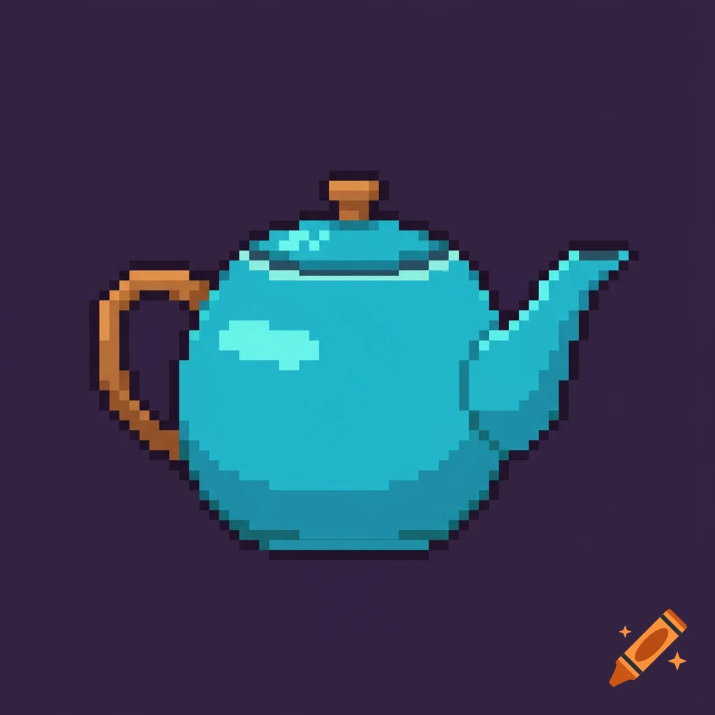 A blue teapot in pixel art style on a dark background.