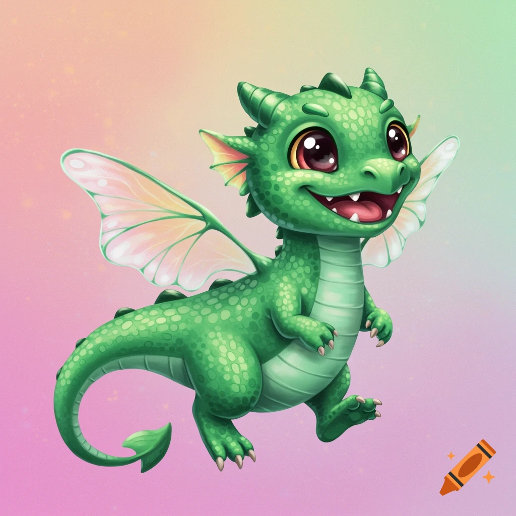A cute cartoon green dragon with large eyes and a toothy smile flies against a pastel gradient background.