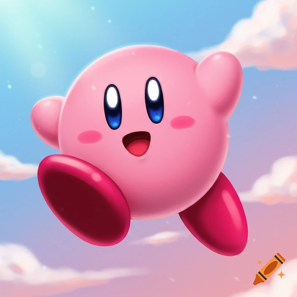 Kirby, the pink cartoon character, floats in a cloudy sky.