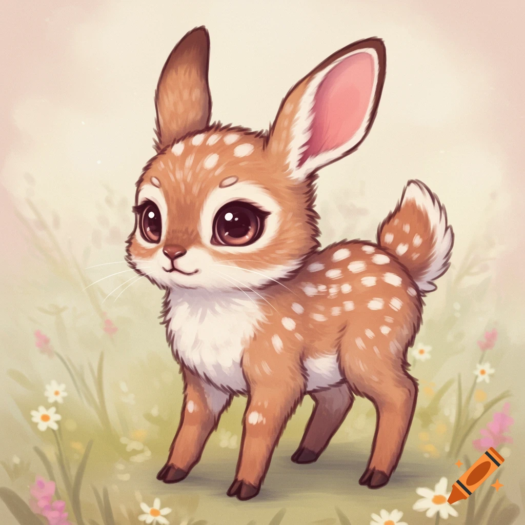 A cute cartoon fawn and rabbit hybrid stands in a meadow with flowers.