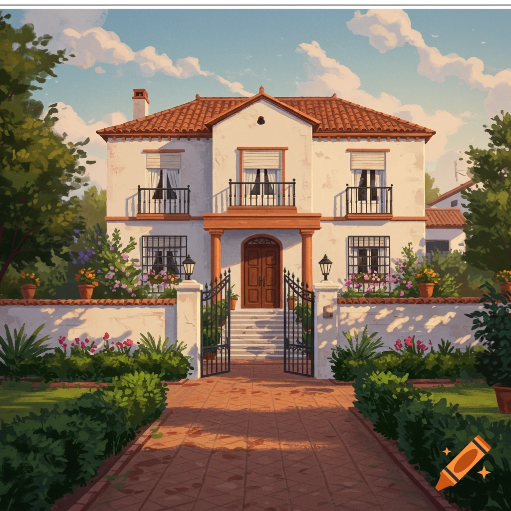 A white Spanish-style house with a tile roof, gates, and a garden under a sunny sky.