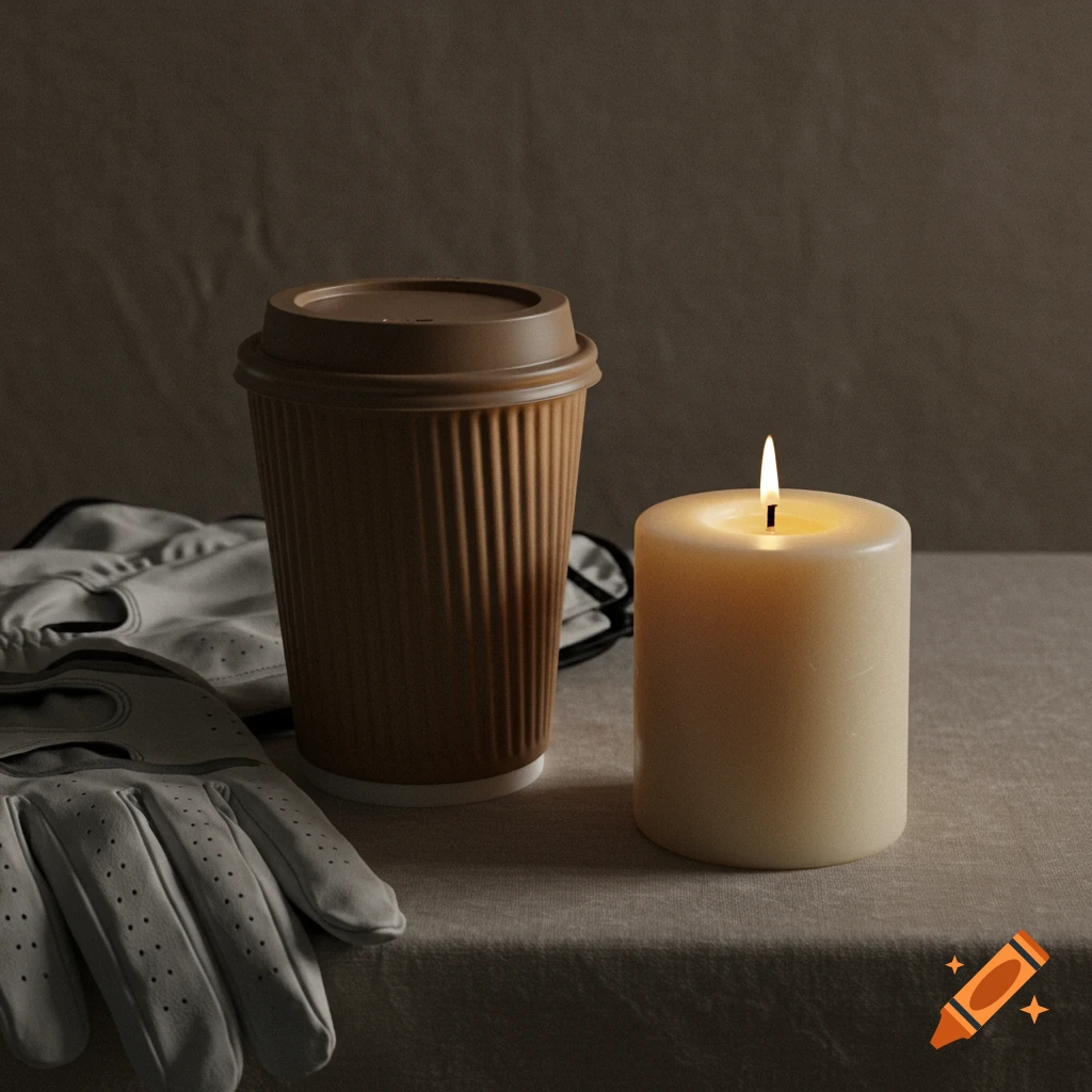 A still life photo featuring a ribbed paper coffee cup, a lit candle, and a golf glove on a table.