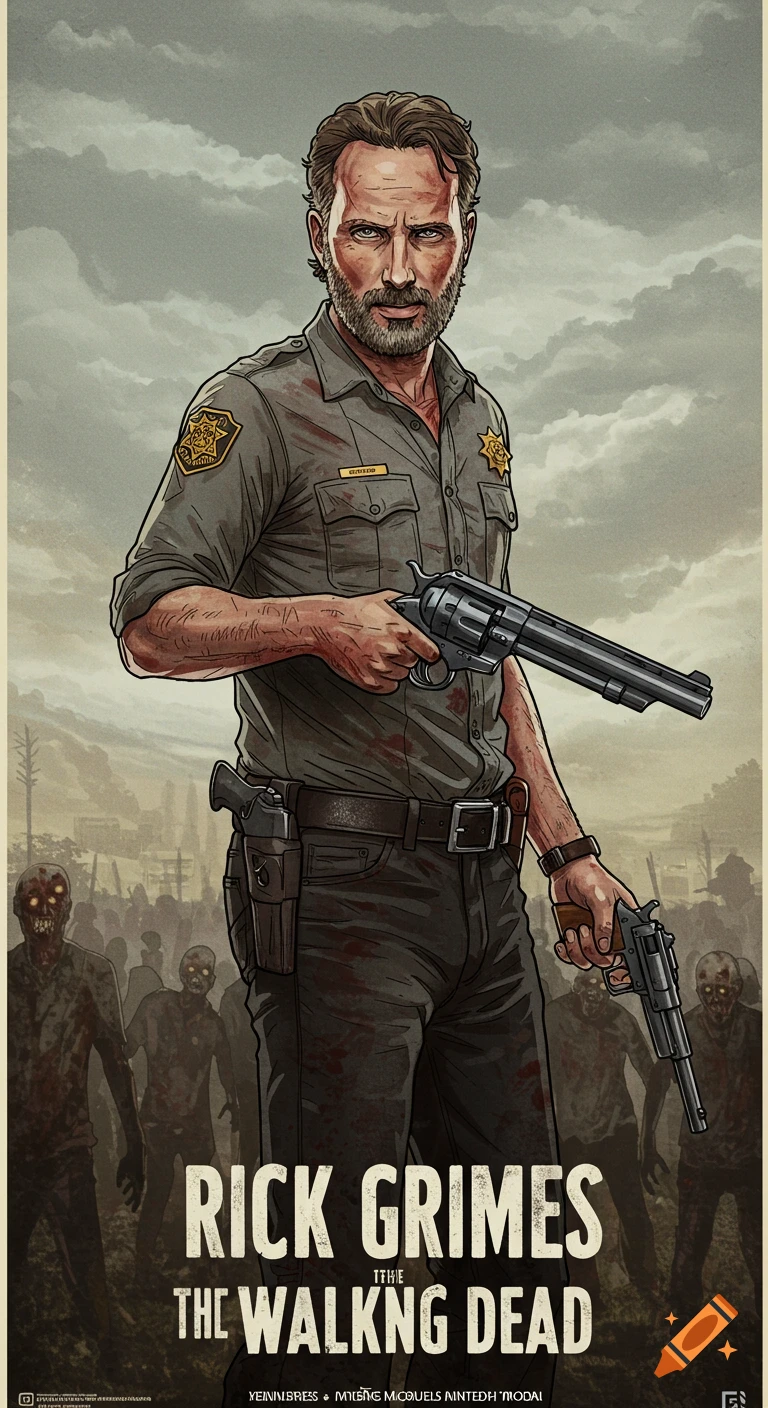 Poster of Rick Grimes with guns and zombies.