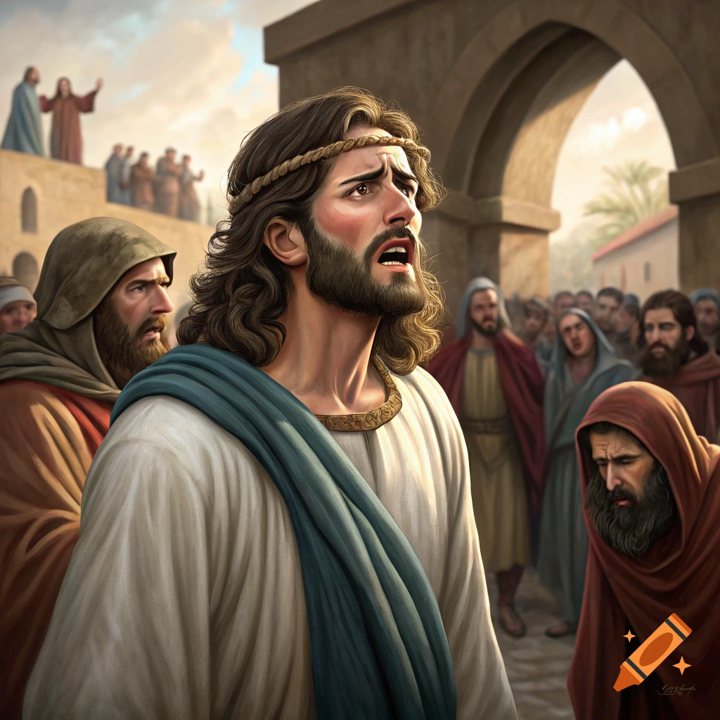 Jesus looking up in distress among a crowd in a historical setting