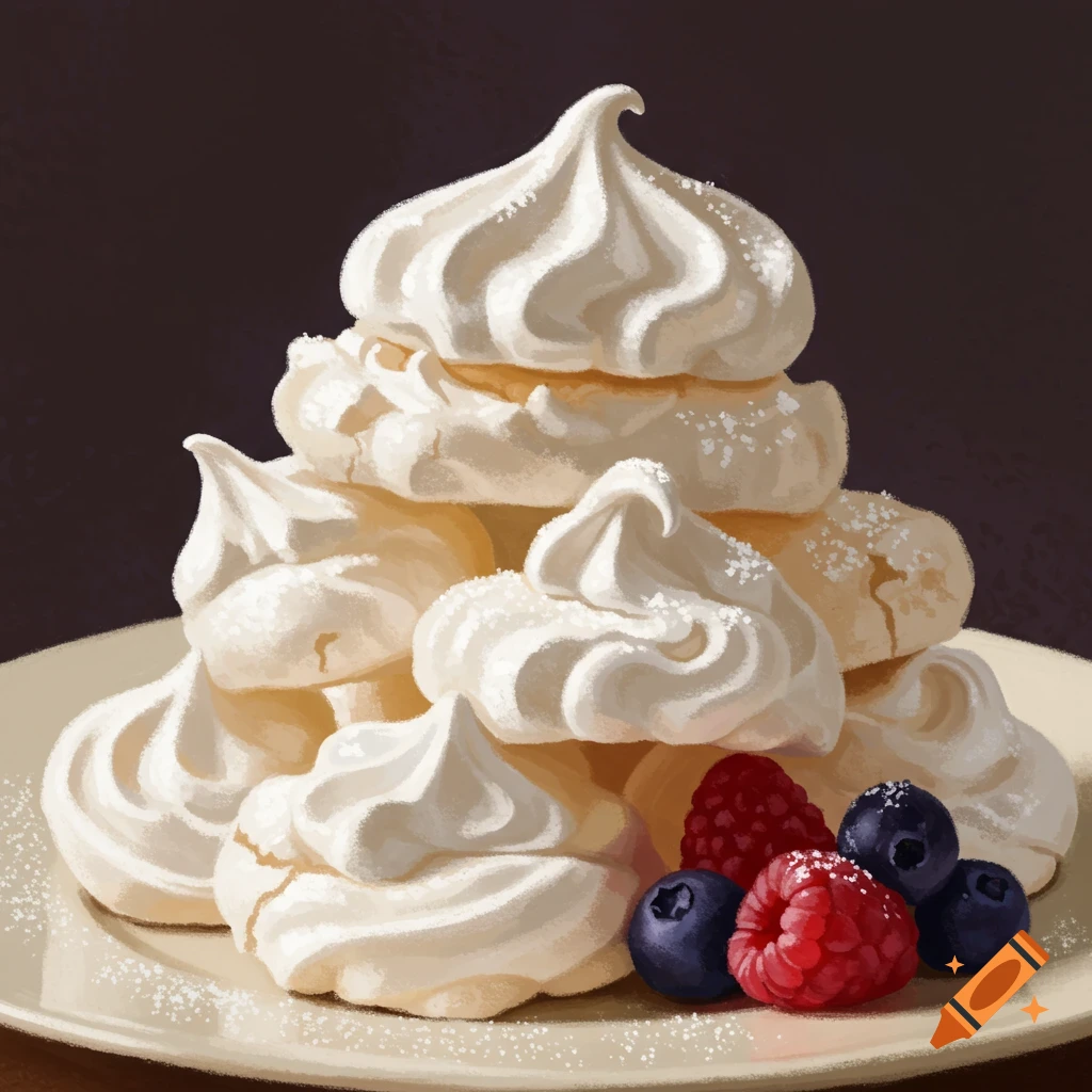 A stack of white meringues with raspberries and blueberries on a plate