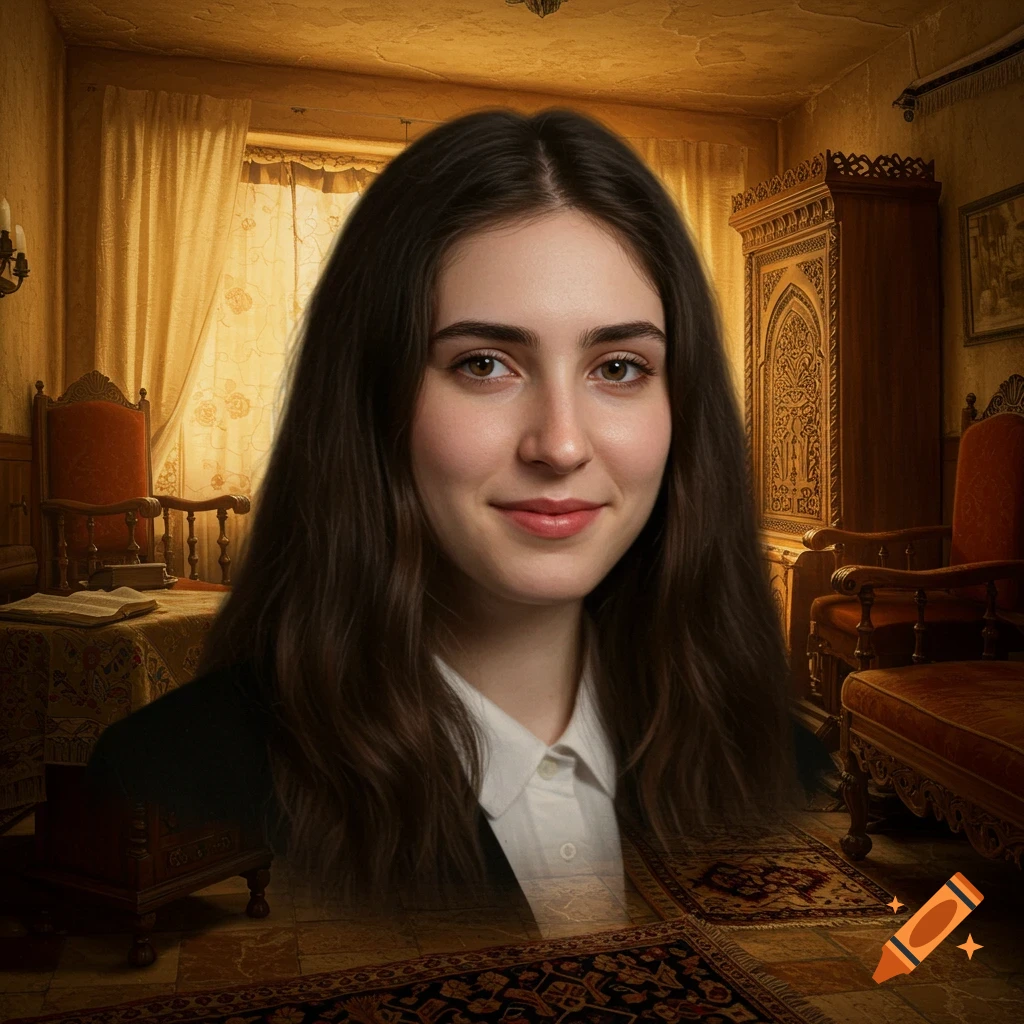 A portrait of a young woman with long dark hair in an old-fashioned room.