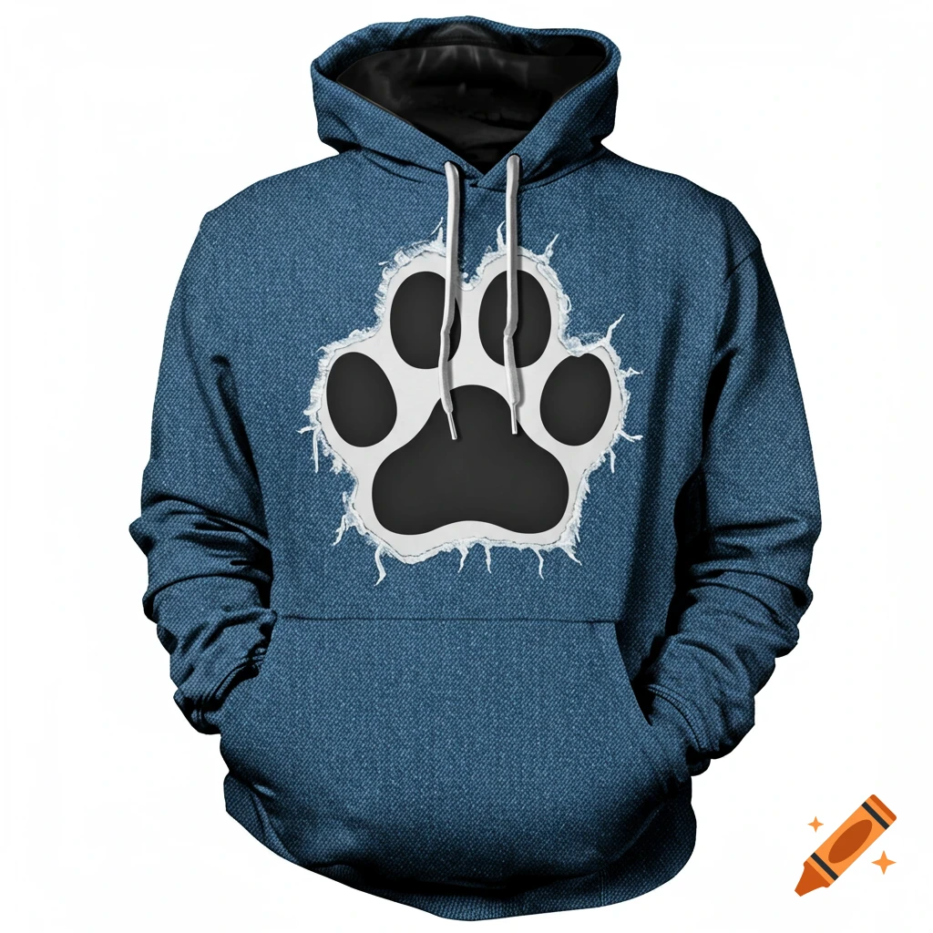 Blue denim hoodie with a ripped effect revealing a black and white paw print.