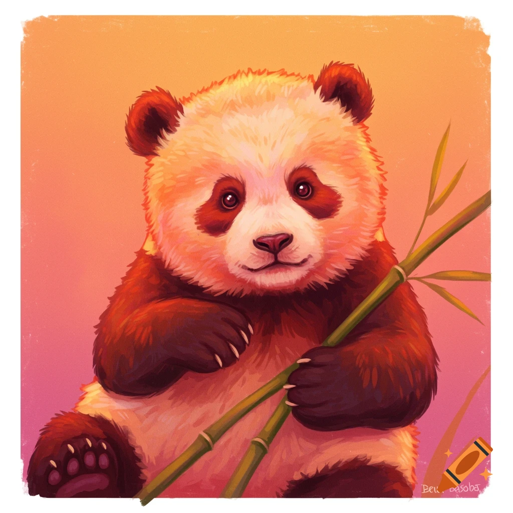A cute baby panda holding bamboo stalks against a sunset background.