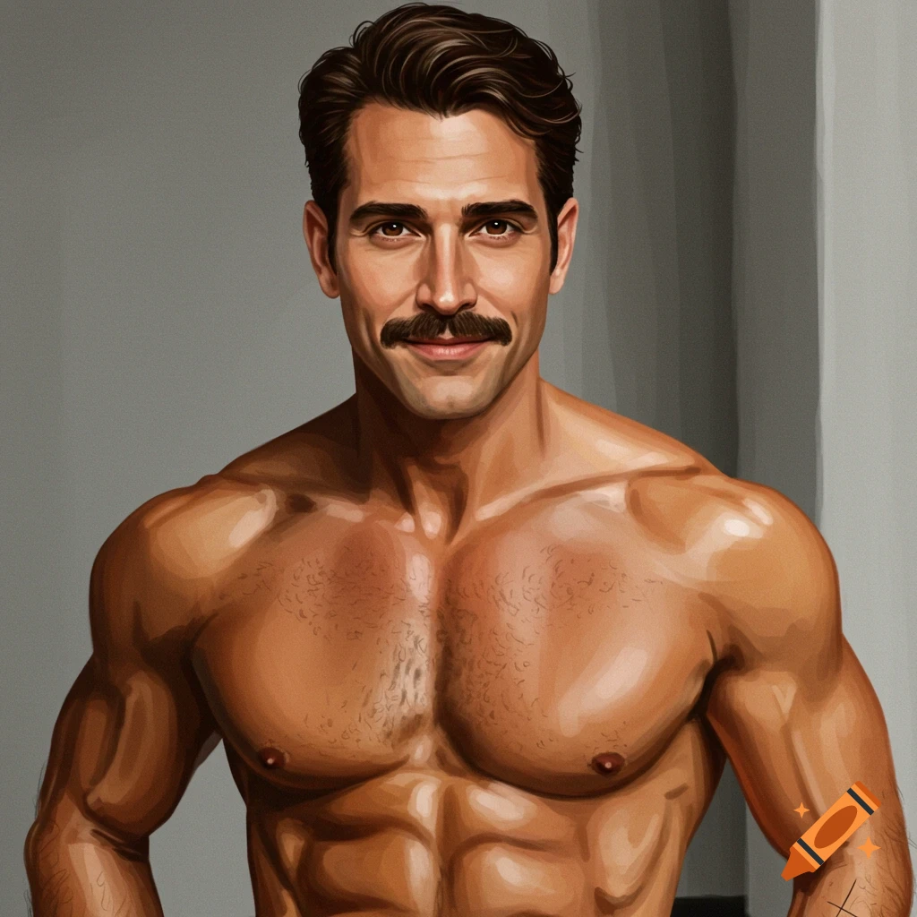 A bare-chested man with a mustache.