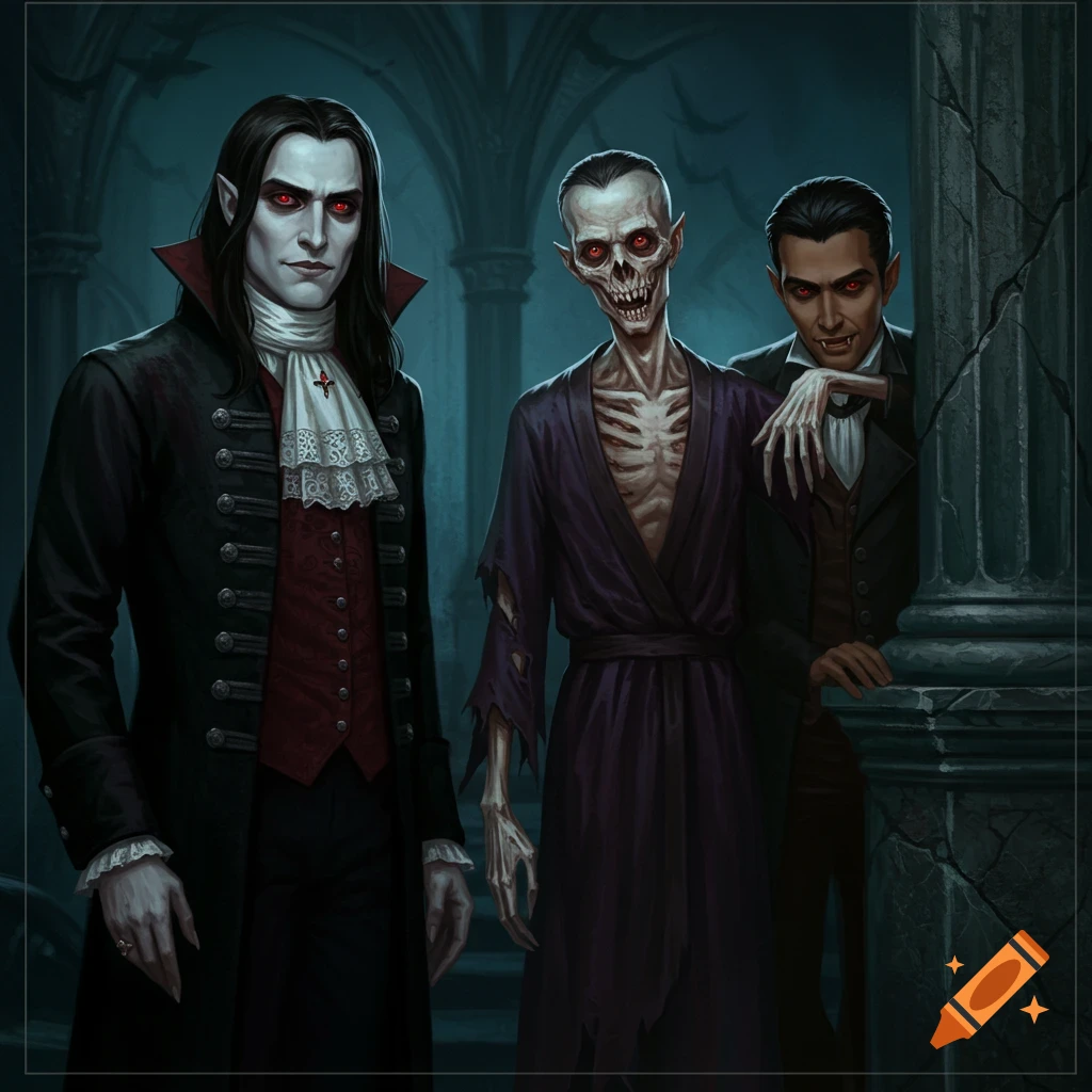 Three figures, two vampires and a skeletal creature, stand in a dark gothic setting.