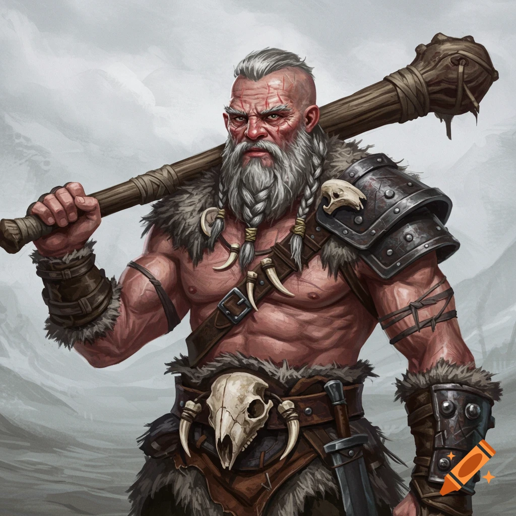 An old male barbarian holding a large club, wearing fur and armor.