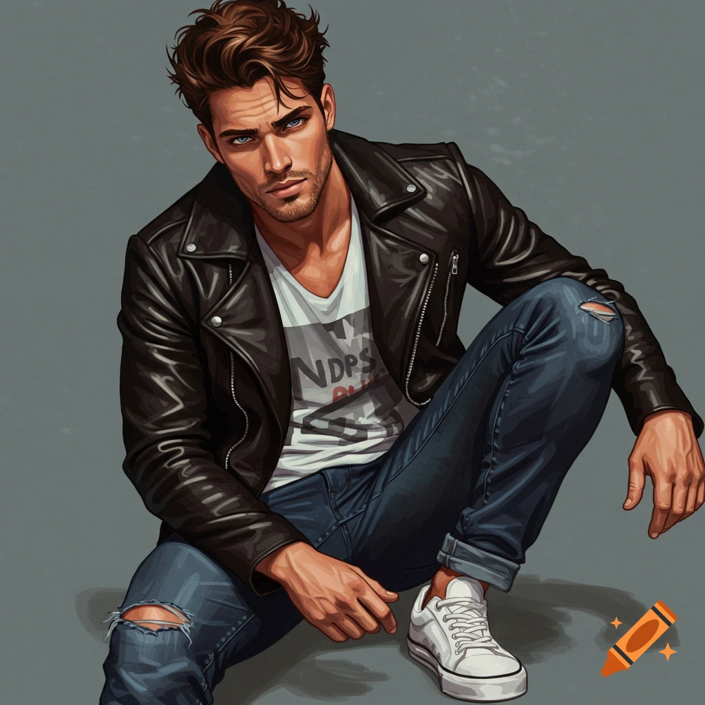 A man crouching in a leather jacket, ripped jeans, and sneakers.