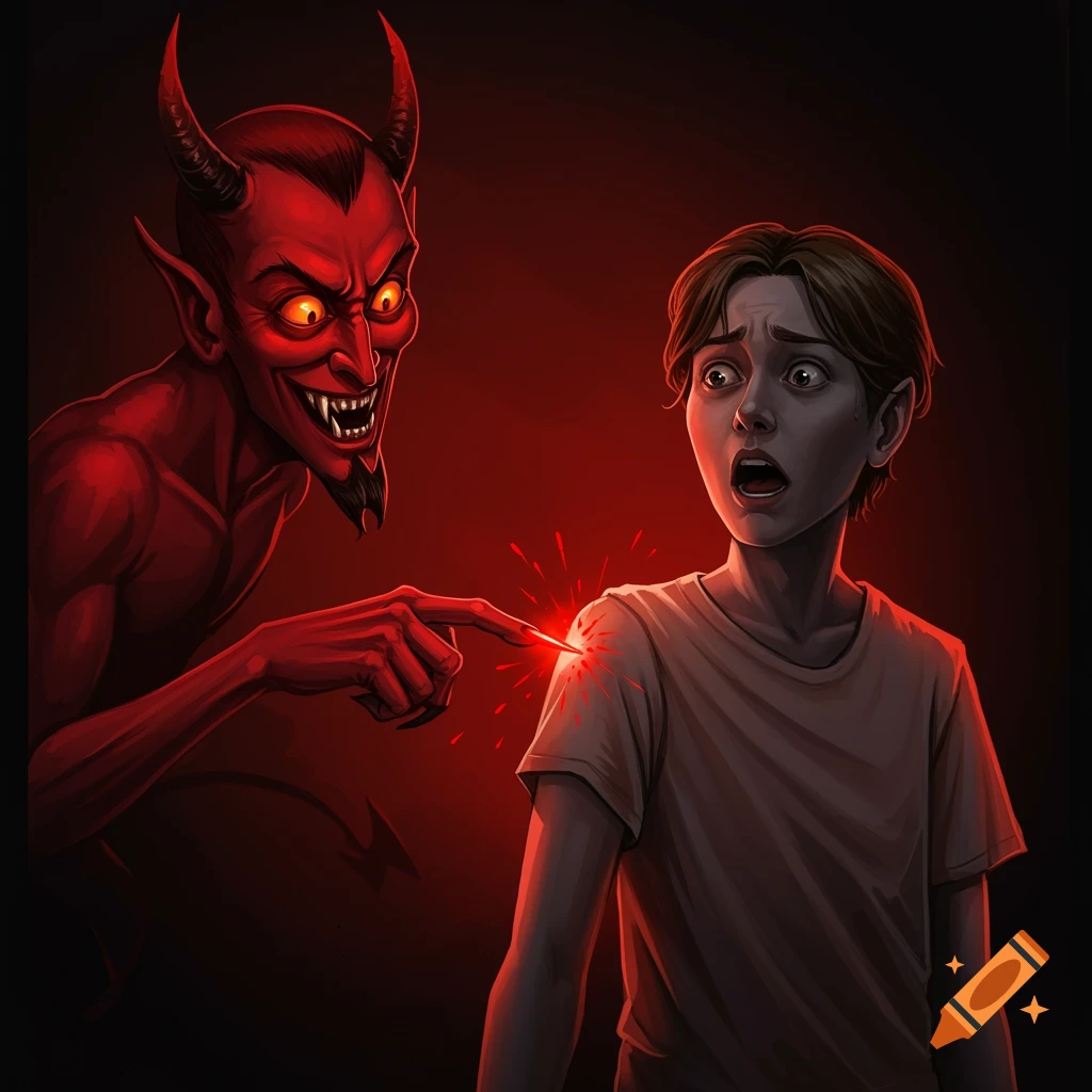 A dramatic illustration of a red devil poking a scared person's arm.