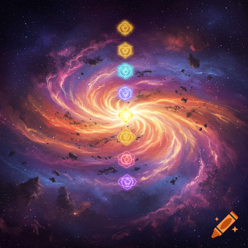 Seven glowing chakra symbols against a colorful swirling galaxy.