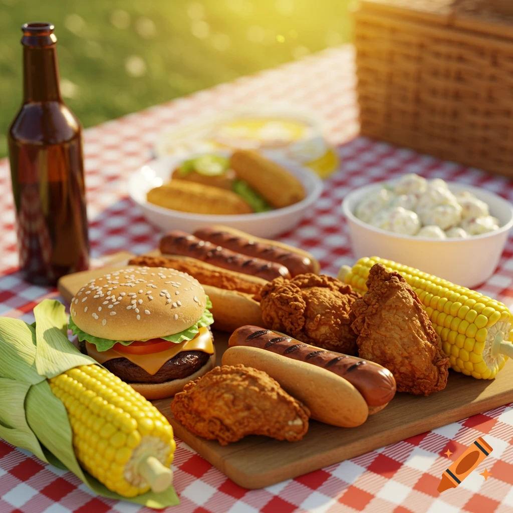Photorealistic image of a picnic spread with burger, hot dogs, fried chicken, corn on the cob, potato salad, and a drink bottle on a checkered blanket.