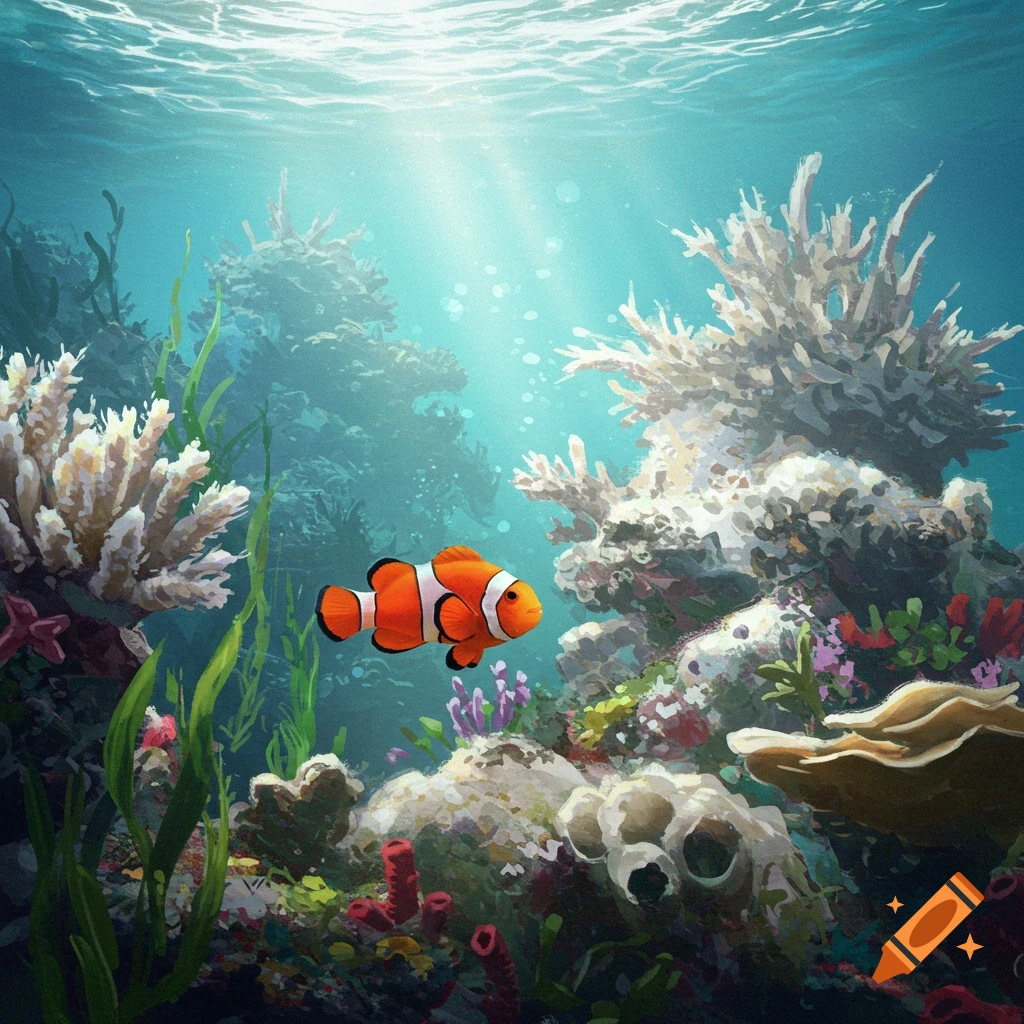 A clownfish swims in a colorful coral reef with sunlight filtering through the water.