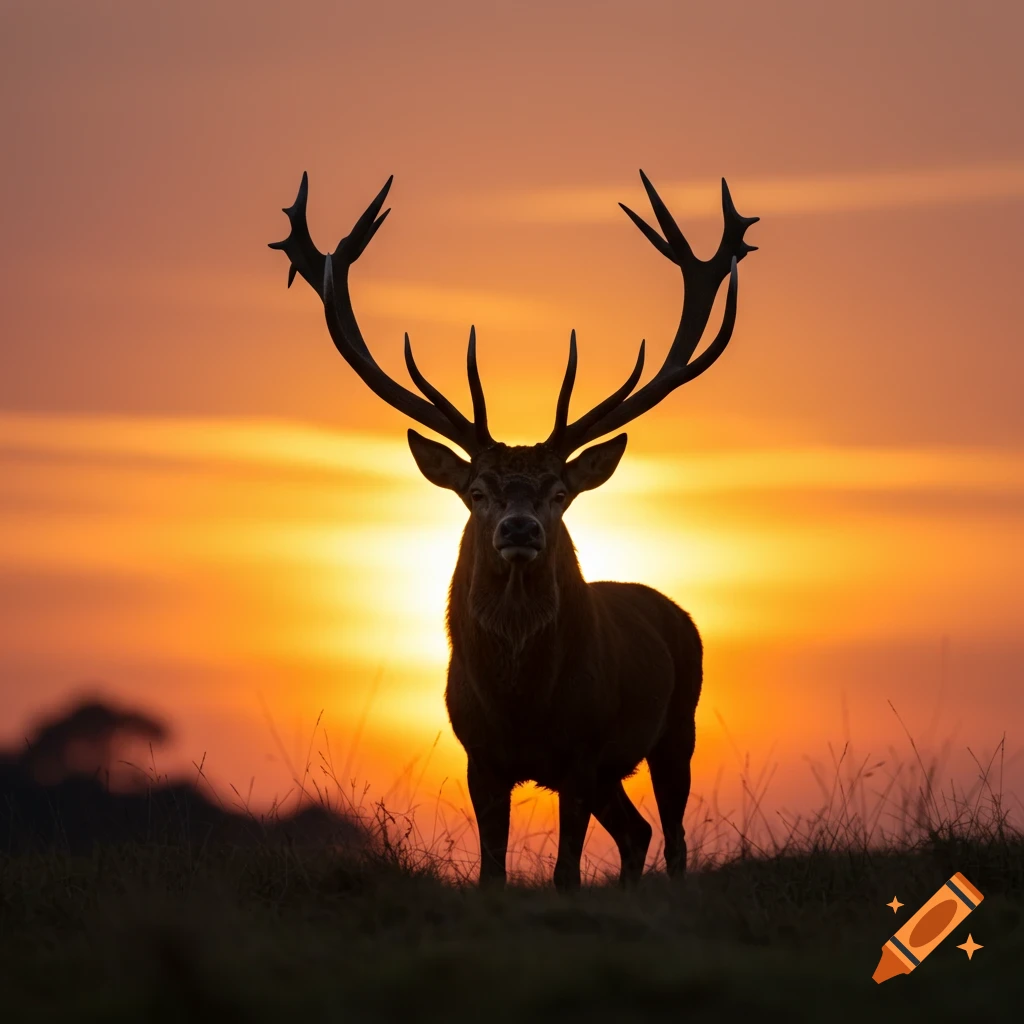 Silhouette of a red deer stag with large antlers against an orange sunset.