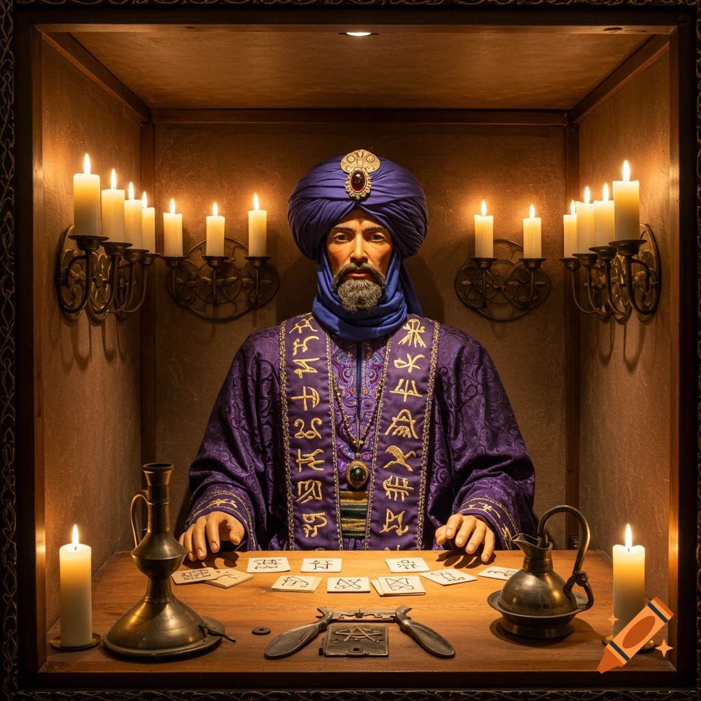 Photorealistic image of a mechanical automaton fortune teller with a turban and robe, sitting at a table with cards and candles.