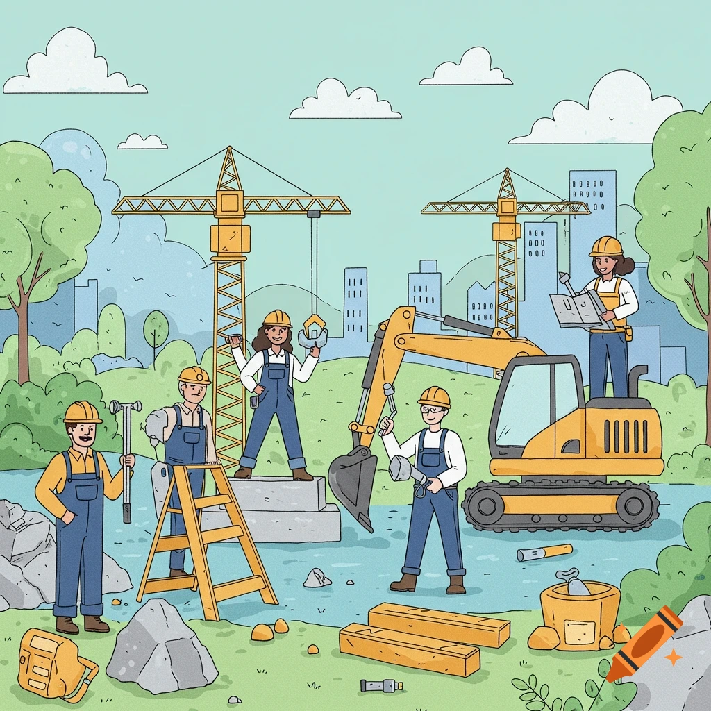 Cartoon illustration of construction workers, cranes, and an excavator at a building site.