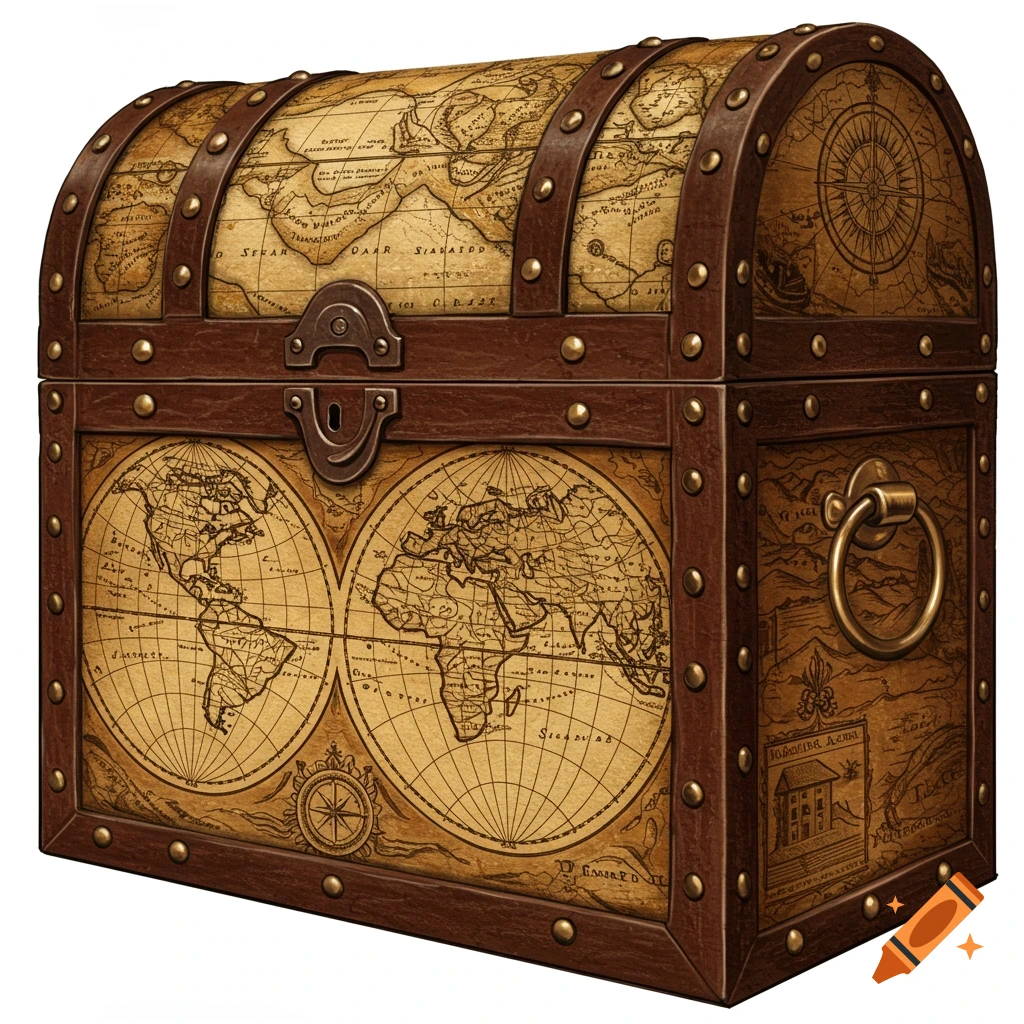A rustic treasure chest covered in antique world maps.