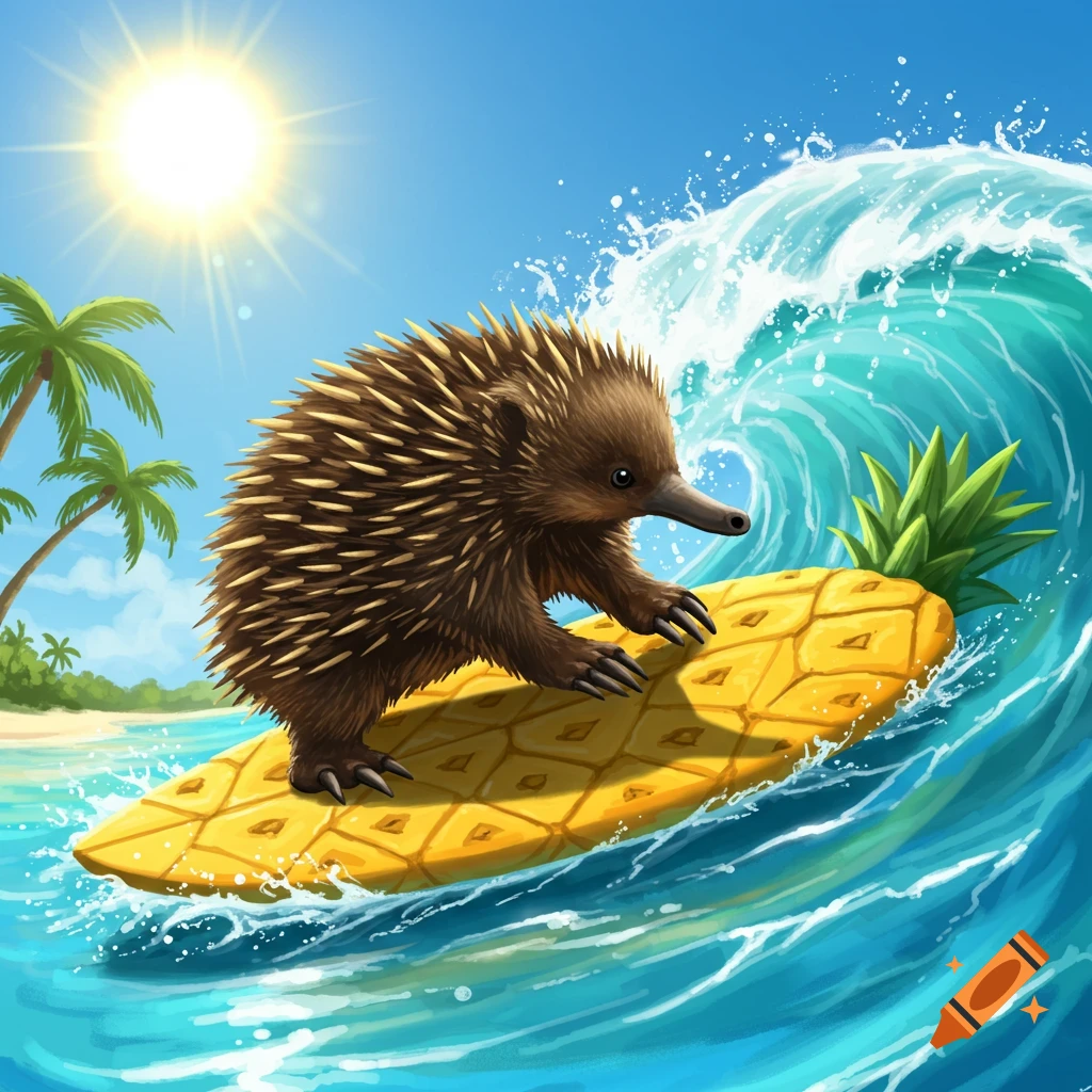 An echidna surfing on a pineapple board on a wave near a tropical beach.